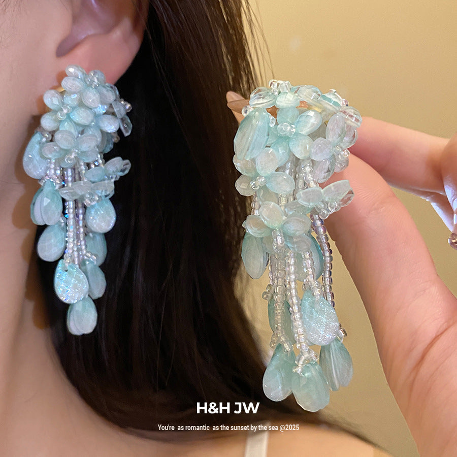 Tea Sweet Pink Flower Beaded Tassel Rings