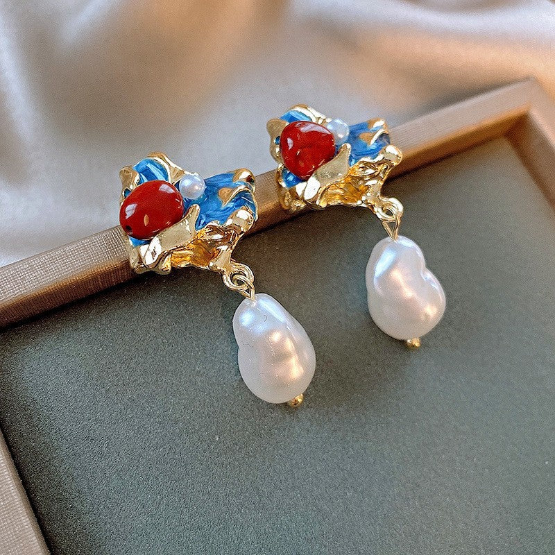 Jardin Monet Blue Glaze Flowers Pipa Pearl Chinese Retro Light Stud Earrings