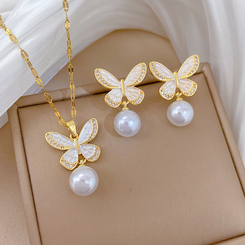 Women's Dripping Butterfly Pearl Light Luxury Temperament Gorgeous Full Jewelry Set