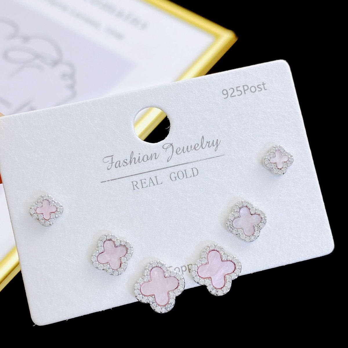 Exquisite Fashion Zircon Four-leaf Flower One Card Three Pairs Stud Earrings