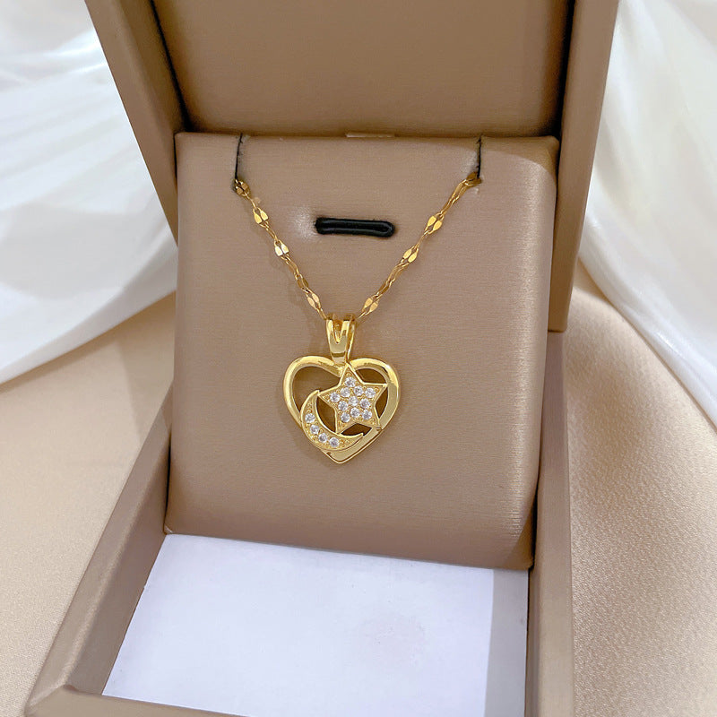 Women's Steel Love Moon Light Luxury Temperament Gorgeous Full Diamond Clavicle Necklace