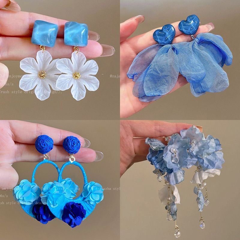 Summer Super Fairy Vacation Style Blue Flower Tassel Fashion Elegant Rings