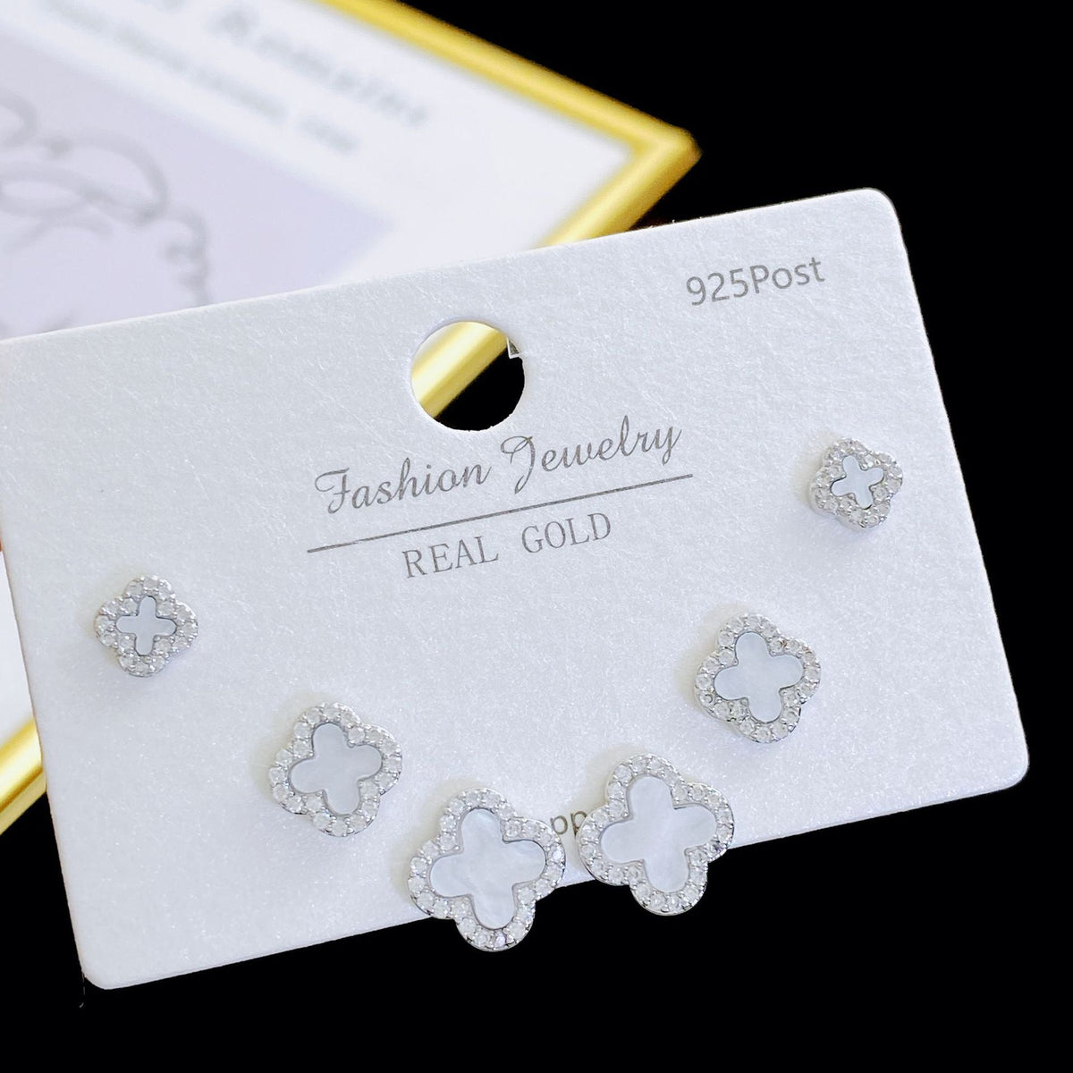 Exquisite Fashion Zircon Four-leaf Flower One Card Three Pairs Stud Earrings