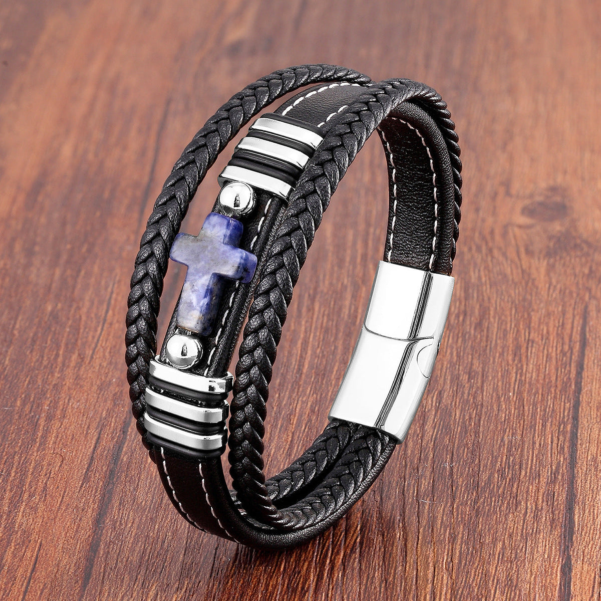 Men's Woven Leather Vintage Stone Cross Stainless Steel Bracelet
