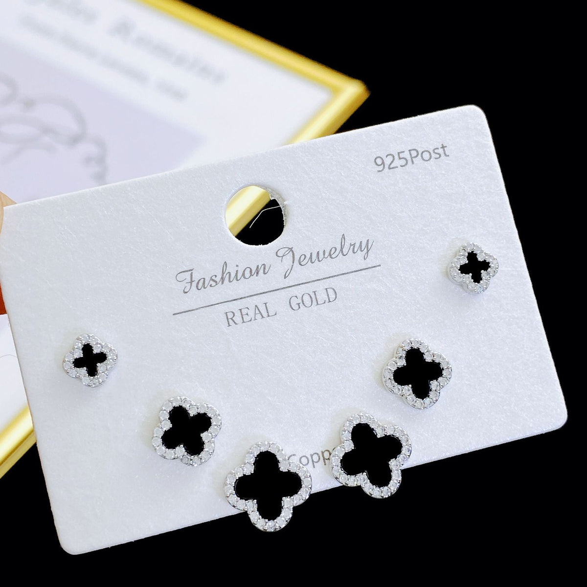 Exquisite Fashion Zircon Four-leaf Flower One Card Three Pairs Stud Earrings