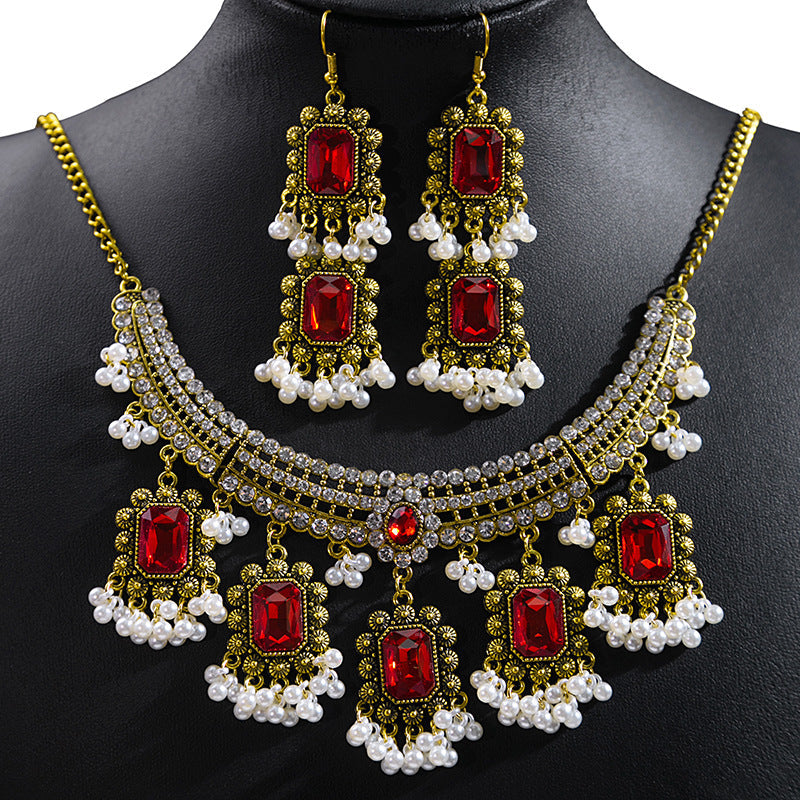 Bohemian Crystal Ethnic Style Diamond Tassel Jewelry Set