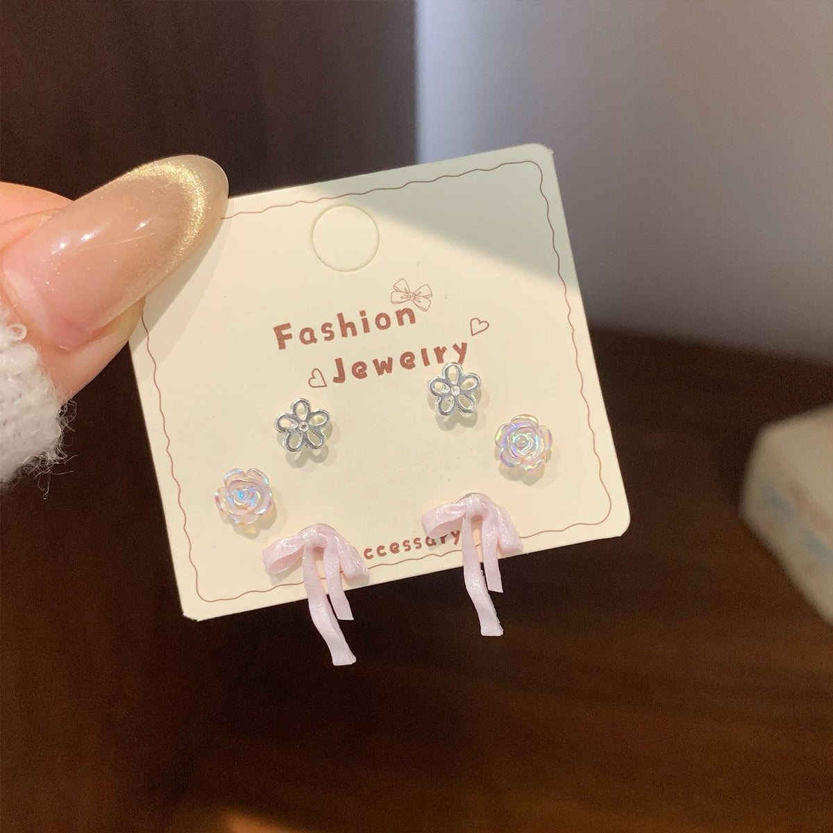 Women's Bow Flower Three-piece Sier Needle Exquisite Sweet Stud Earrings