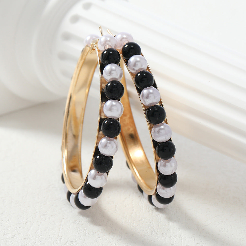 Black White Pearl Noodles Round Beads Elegant Shaped Bean-shaped Temperamental Earrings