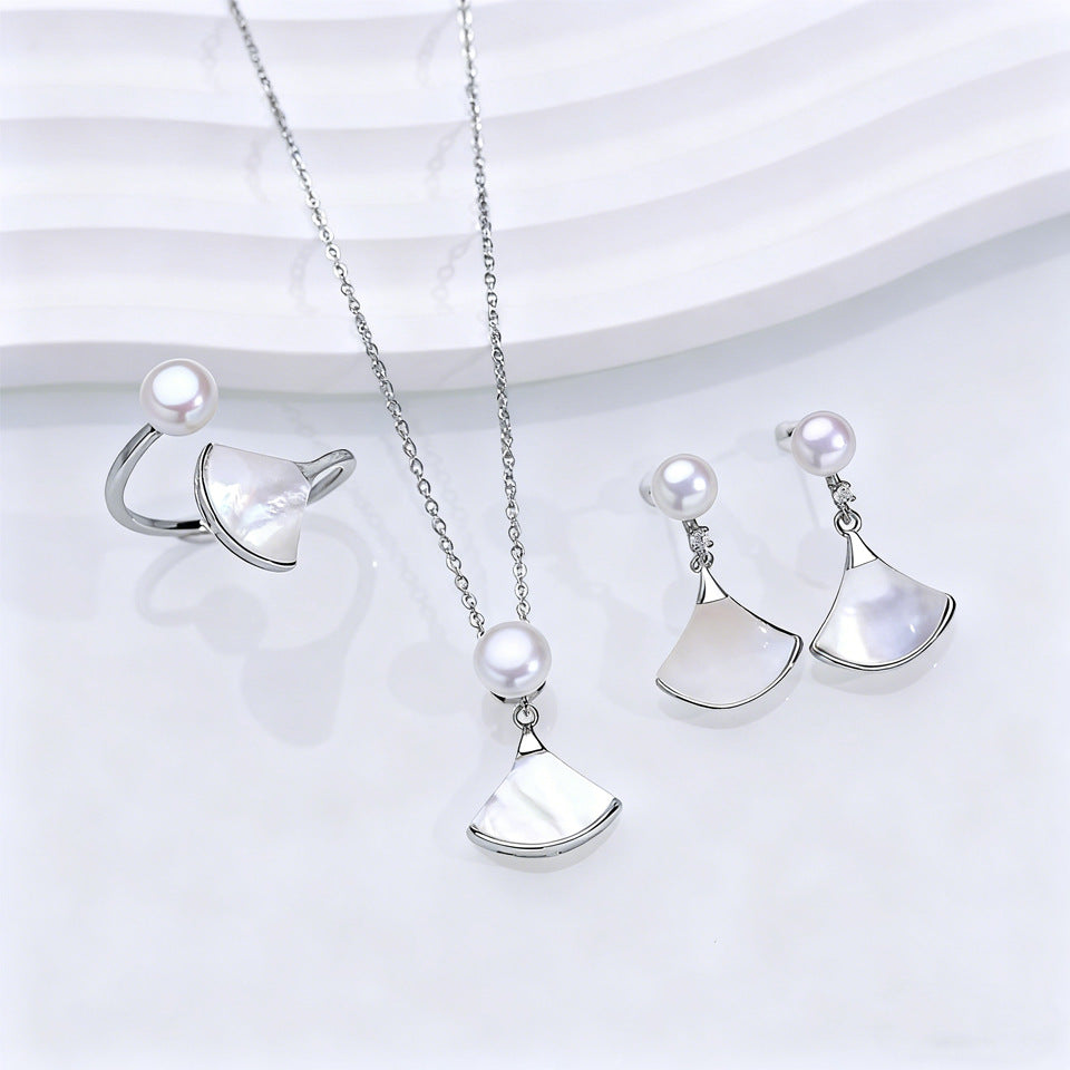Skirt Natural Freshwater Pearl Ear Three-piece Suit Shell Fan-shaped Advanced Rings