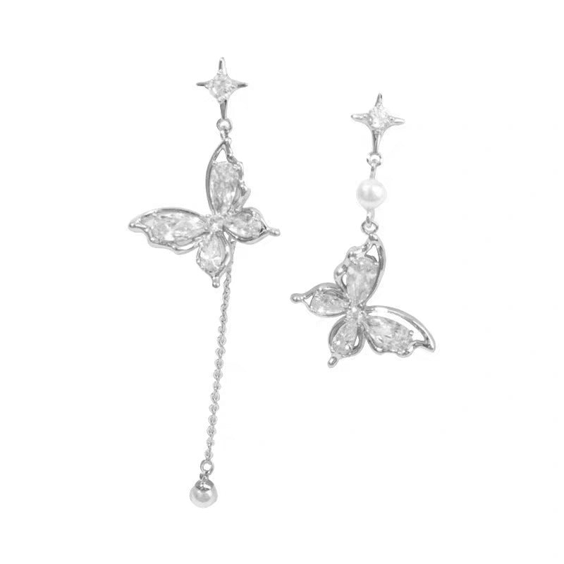Women's Diamond Asymmetric Butterfly Temperament Entry Lux High-grade Tassel Niche Design Stud Earrings