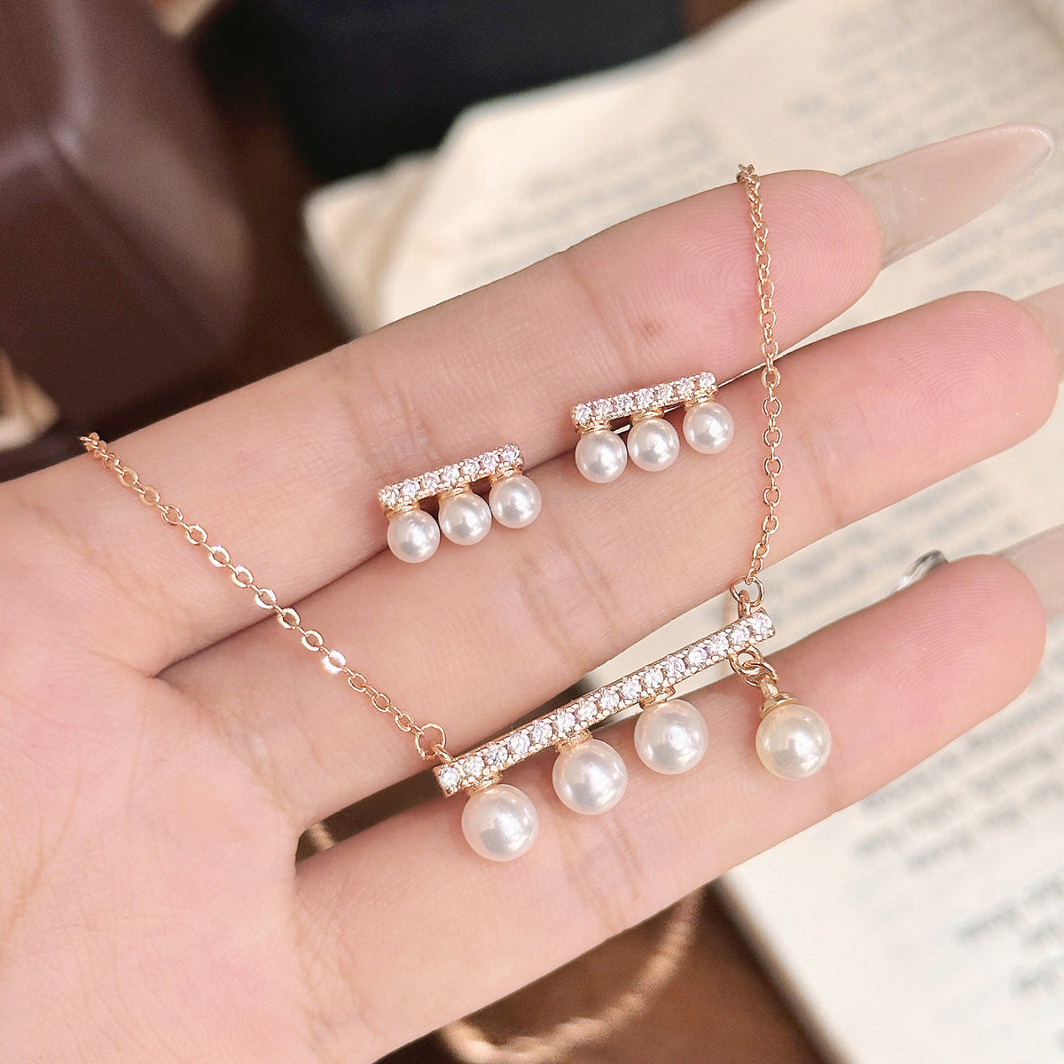 Fairy Balance Beam Pearl Plated Female Light Luxury Minority Elegant Jewelry Set