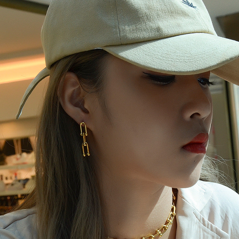 Exaggerated Design Vachette Clasp U-shaped Ear Titanium Steel Gold Jewelry Set