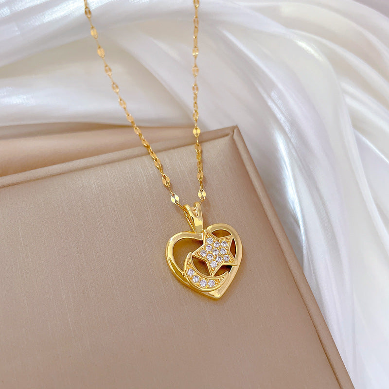 Women's Steel Love Moon Light Luxury Temperament Gorgeous Full Diamond Clavicle Necklace