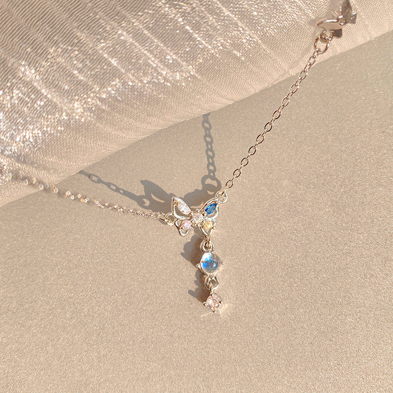 Crystals Butterfly Female High Sense Niche Sweet Moonstone Clavicle Chain Jewelry Set