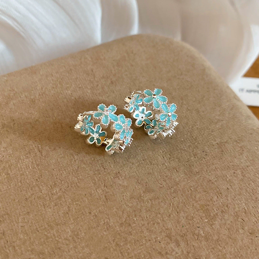 Jardin Monet Blue Glaze Flowers Pipa Pearl Chinese Retro Light Stud Earrings