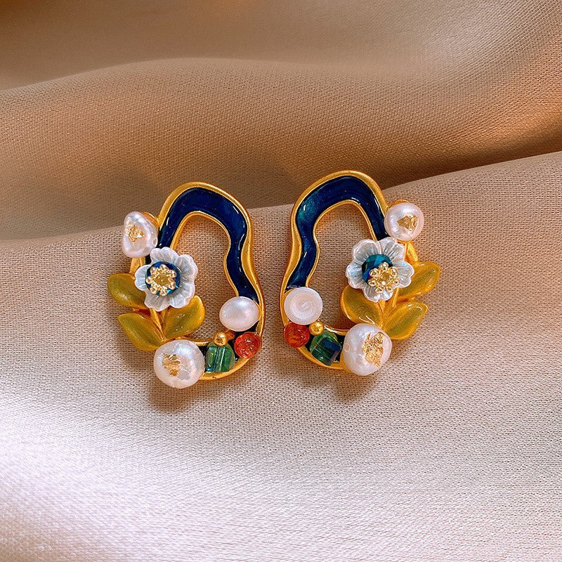 Jardin Monet Blue Glaze Flowers Pipa Pearl Chinese Retro Light Stud Earrings