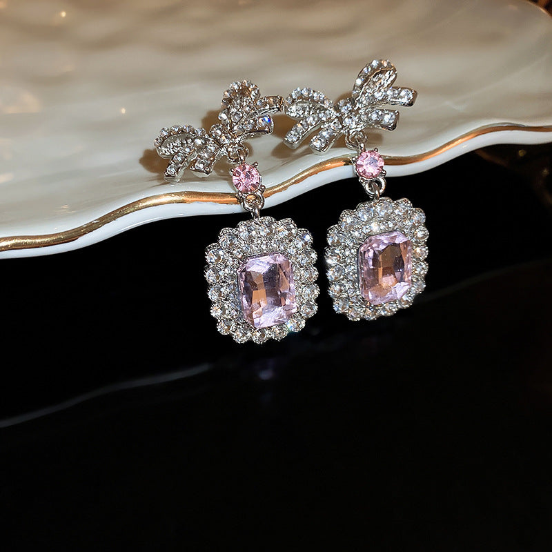 Diamond Rhinestone Zircon Square Bow Suite Earrings