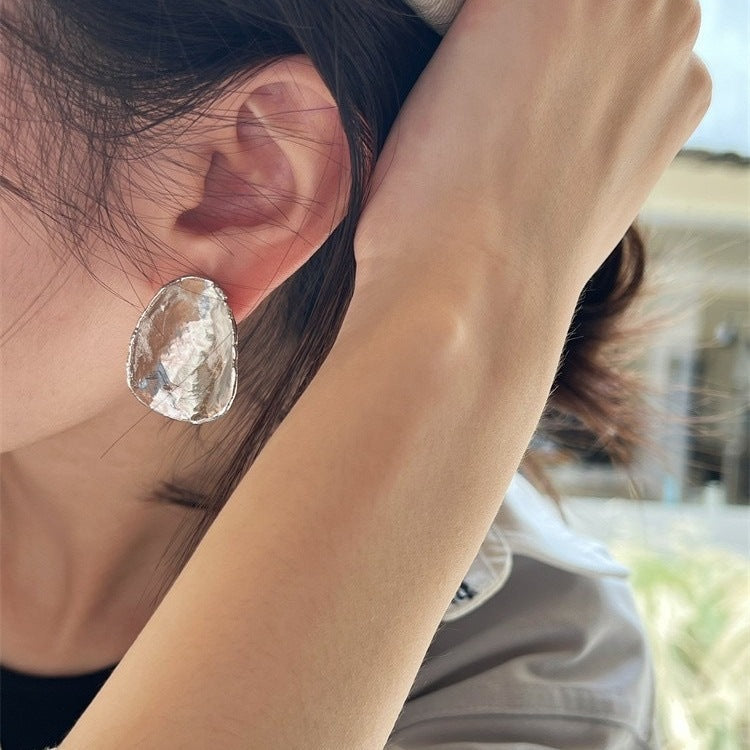 Texture Sier Needle Irregular Round Piece Ear Light Luxury Minority Earrings
