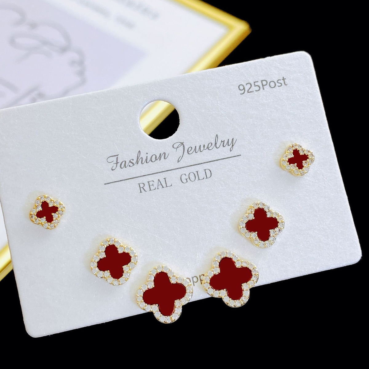 Exquisite Fashion Zircon Four-leaf Flower One Card Three Pairs Stud Earrings
