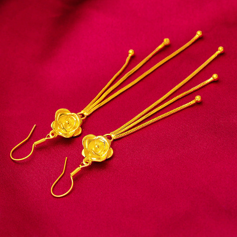 Women's Long Fringe Elegant Vietnam Placer Gold Earrings