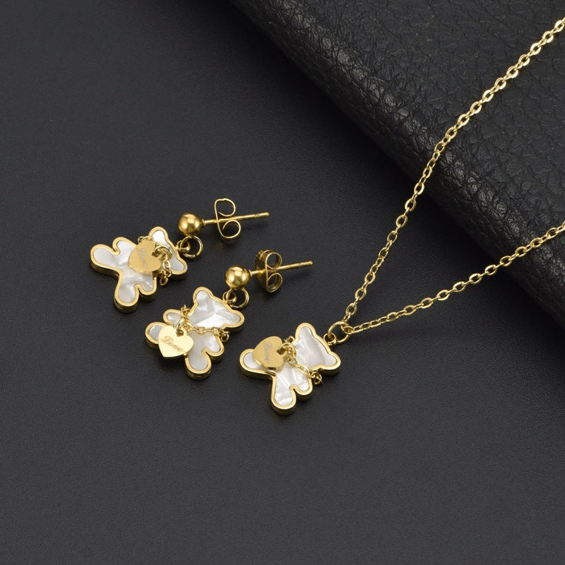 Steel Cute White Shell Heart Golden Bear Suit Jewelry Set