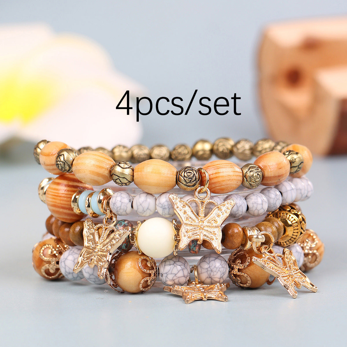 Exquisite Wooden Bead Bohemian Tassel Four Pendants