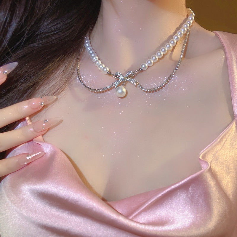 Women's Romance Rhinestone Bow Pearl Design Cold Necklaces
