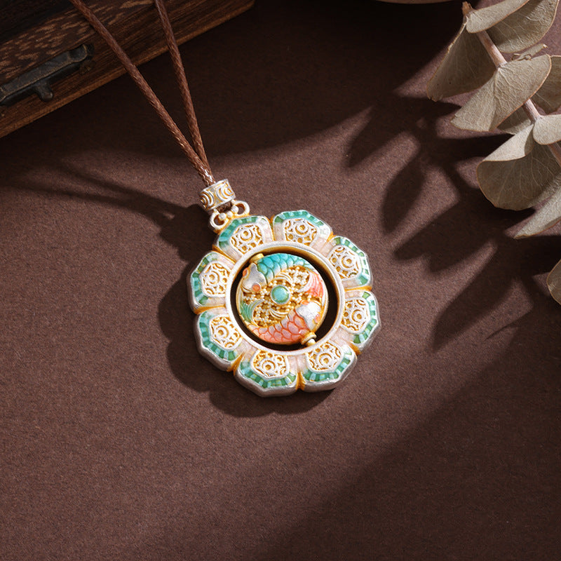 Copper Sier-plated Enamel Double Fish Lotus National Style Chinese Koi Necklaces