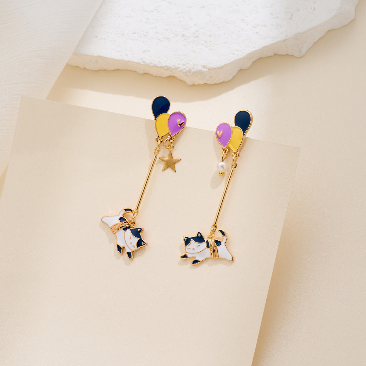 Design Sier Needle Long Cartoon Cat Contrast Color Balloon Love Rings