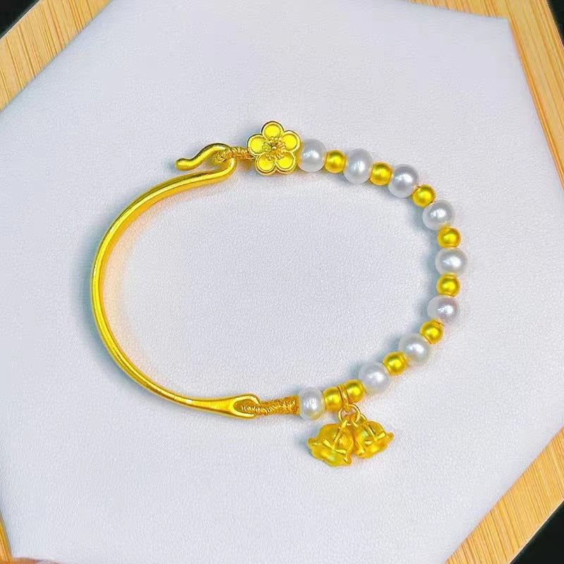 Women's Vietnam Placer Gold Lily Half Bell Pearl Peach Blossom Gifts Bracelet