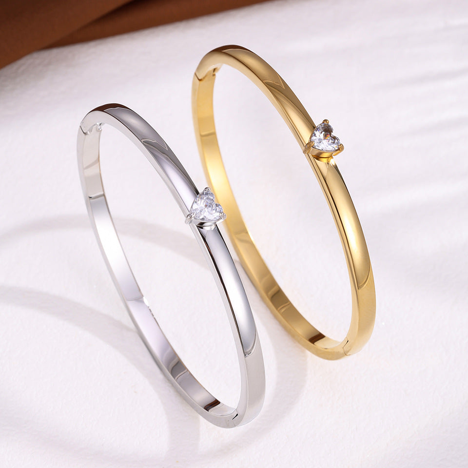 Stainless Steel Loving Heart Zircon Simple Style Bracelet