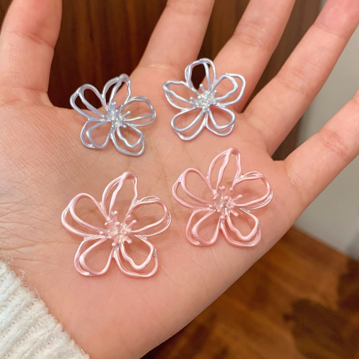 Pink Five Petal Flower Female Sier Needle Small Fresh Sweet Rings