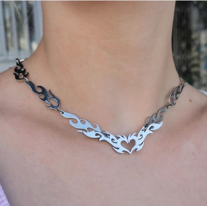 Fashion Punk Hollow Heart Hip Hop Flame Necklace