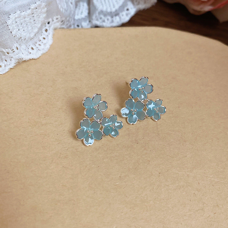 Jardin Monet Blue Glaze Flowers Pipa Pearl Chinese Retro Light Stud Earrings
