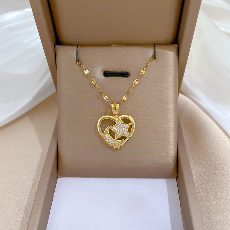 Women's Steel Love Moon Light Luxury Temperament Gorgeous Full Diamond Clavicle Necklace