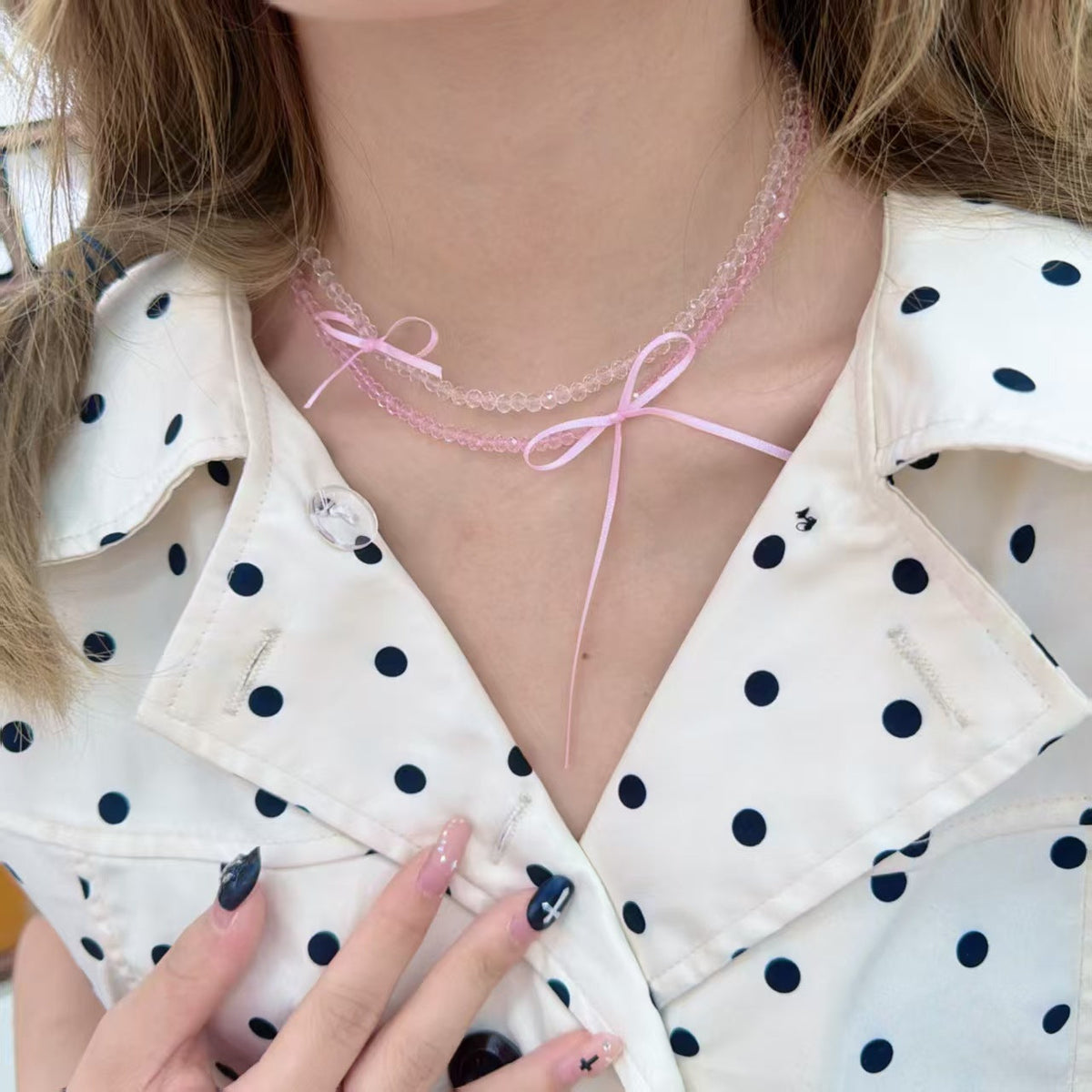 Girly Style Ribbon Bow Gentle Clear Clavicle Chain Beaded Double Necklaces