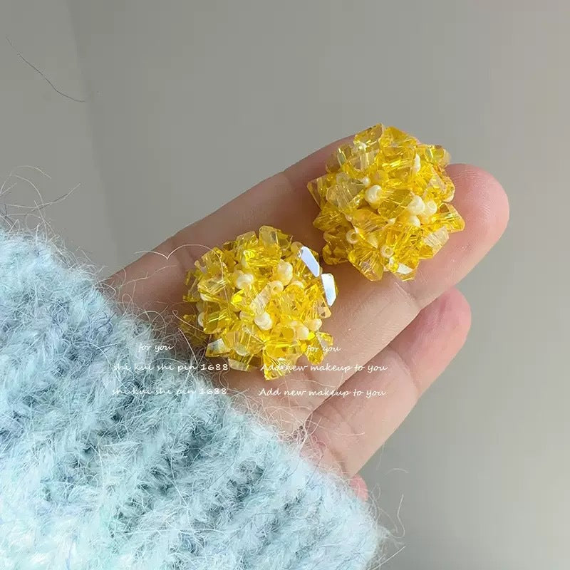 Summer Cool Blue Hydrangea Beaded Fashionable Elegant White Handmade Niche Stud Earrings