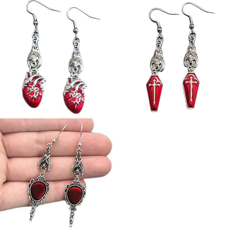 Women's Dark Goth Punk Coffin Heart Vampire Cross Earrings