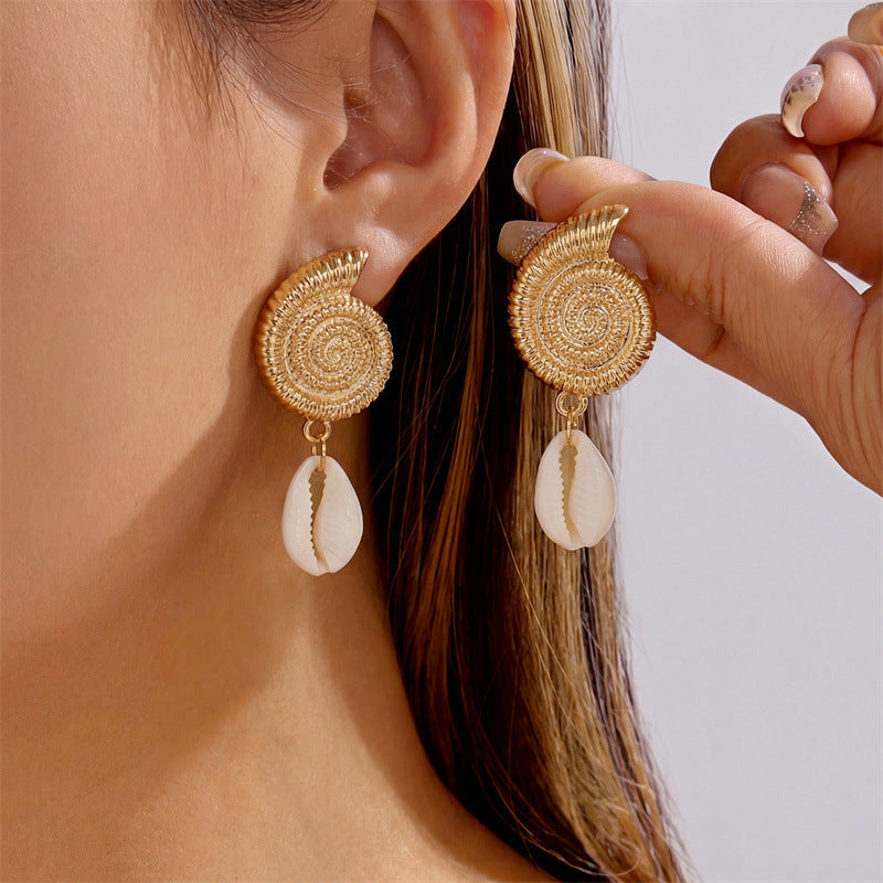 Beach Summer Seaside Starfish Conch Short Scallop Pearl Earrings