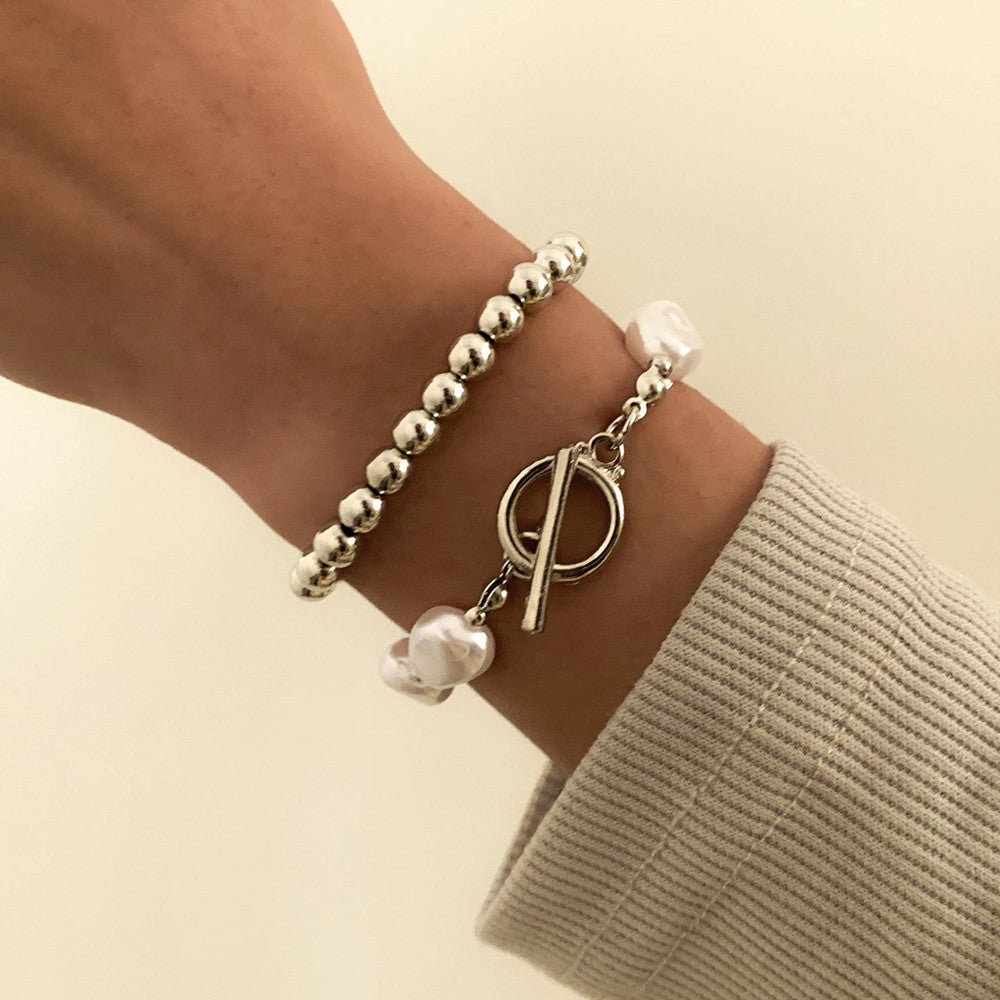 Punk Metal Pearl Double Layer Stack Bracelets