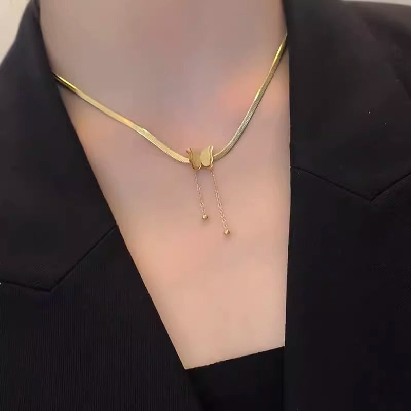 Gold Frosted Stainless Steel Delicate Tassel Snake Necklace
