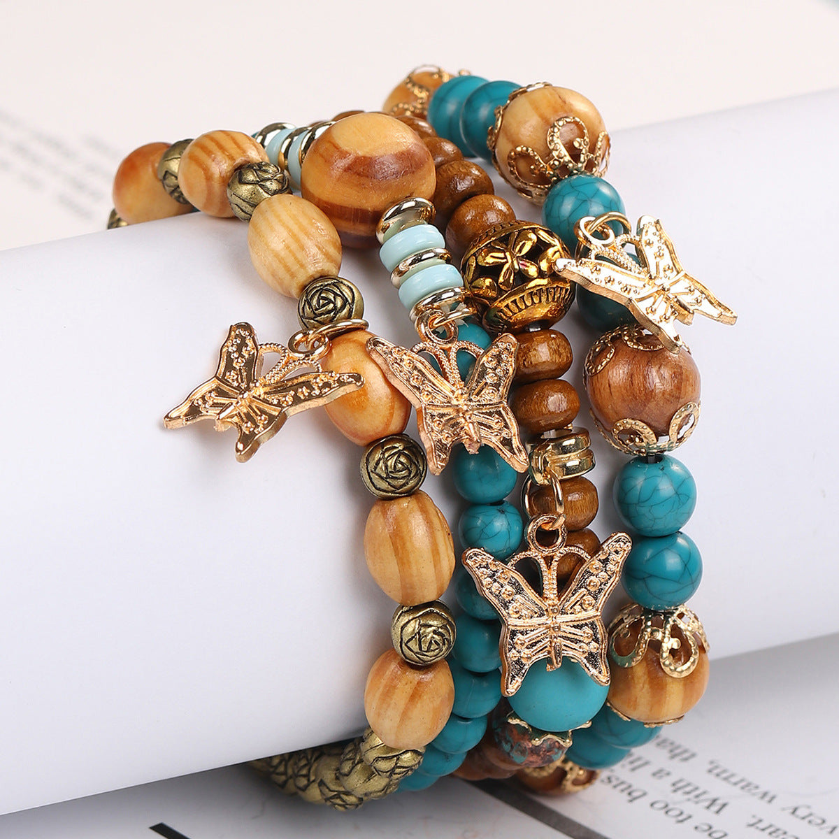 Exquisite Wooden Bead Bohemian Tassel Four Pendants