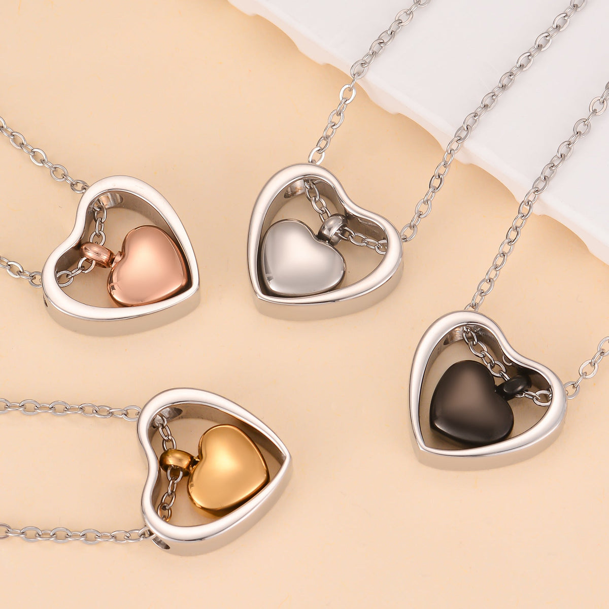 Double Peach Heart Stainless Steel Open Cinerary Casket Pendants