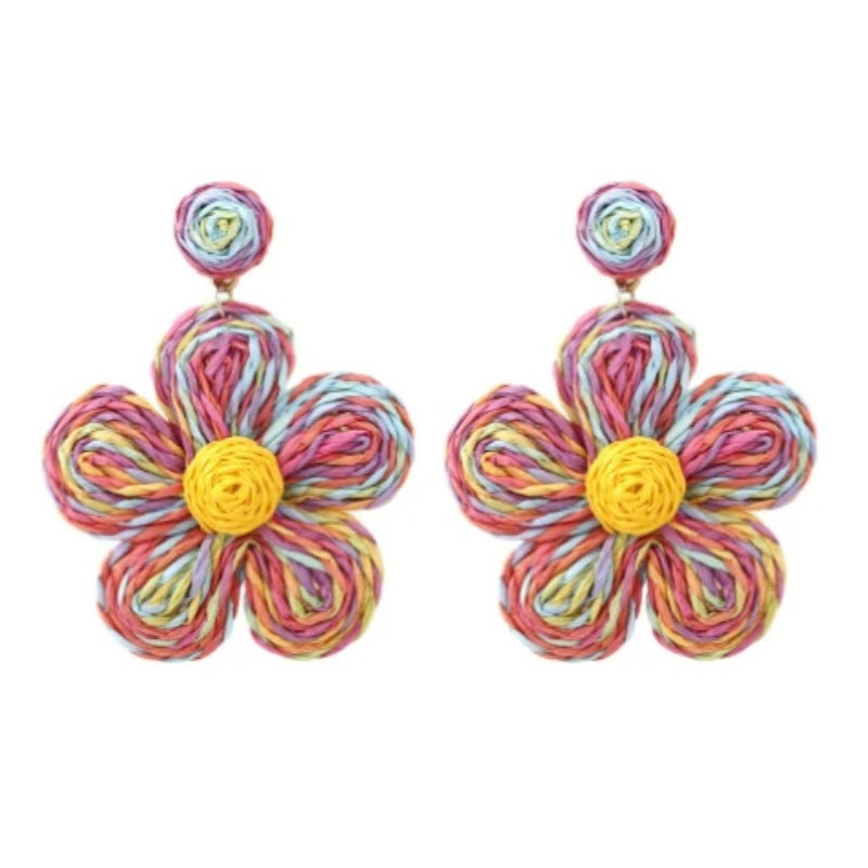 Women's High-grade Sweet Flowers Raffia Fashion Hand-knitted Earrings