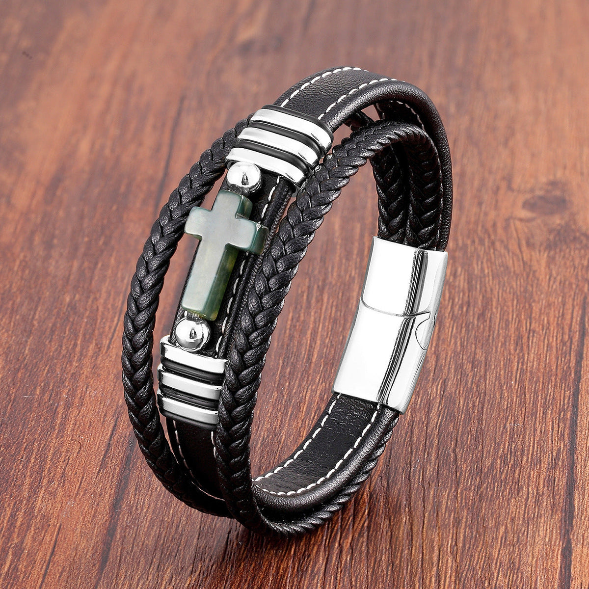 Men's Woven Leather Vintage Stone Cross Stainless Steel Bracelet