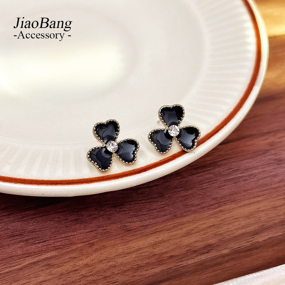 Sier Black Oil Dripping Flower Ear Korean Simple Elegant High-grade Stud Earrings