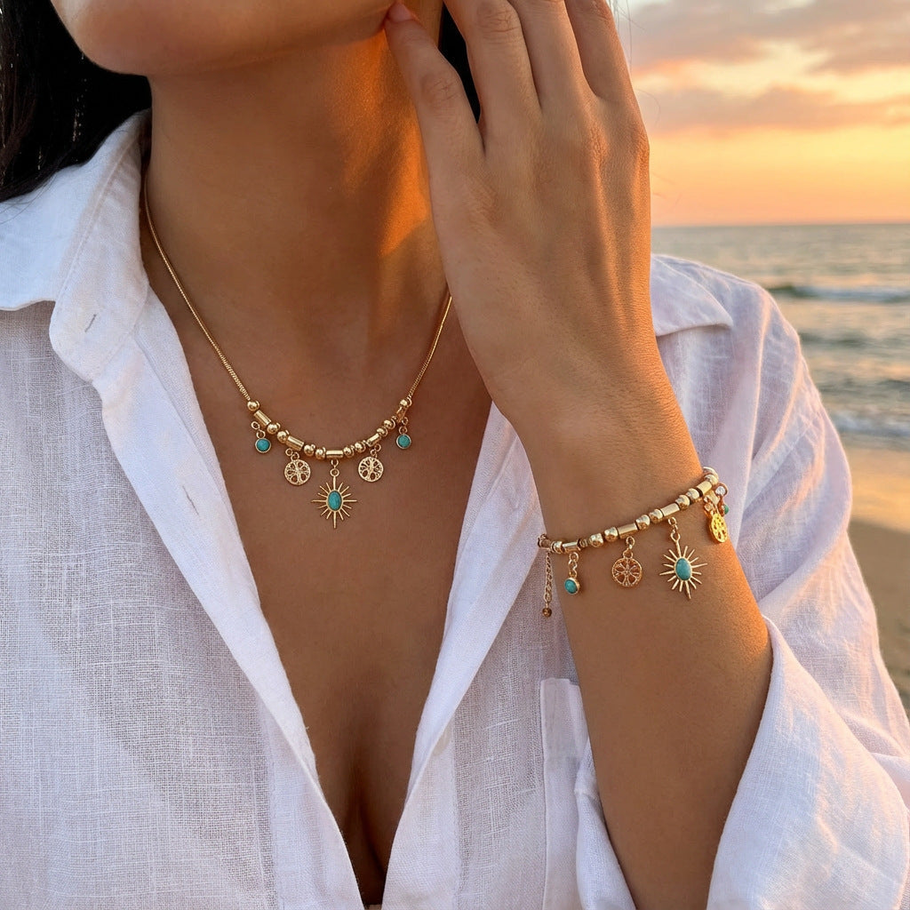 Turquoise Niche Vintage Sunflower Affordable Luxury Jewelry Set