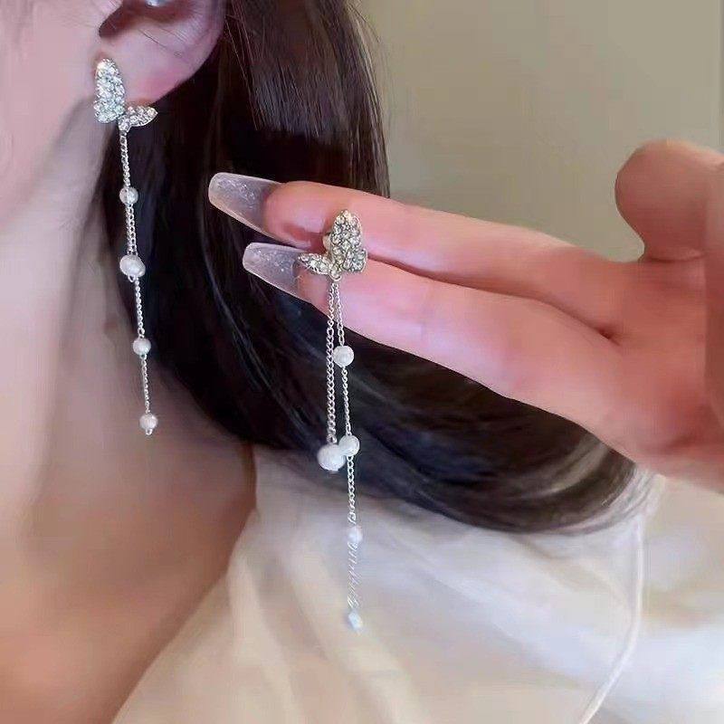 Tassel High-grade Sier Needle Metal Light Luxury Pearl Rings