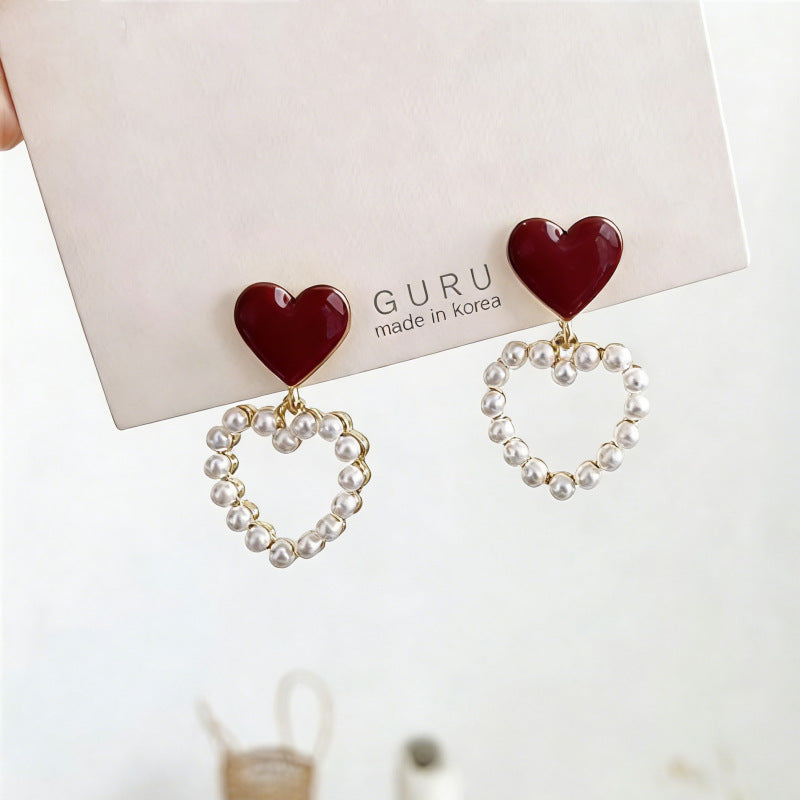 Special Offer Hollow Out Heart Pearl Sweet Temperament Oil Drop Earrings