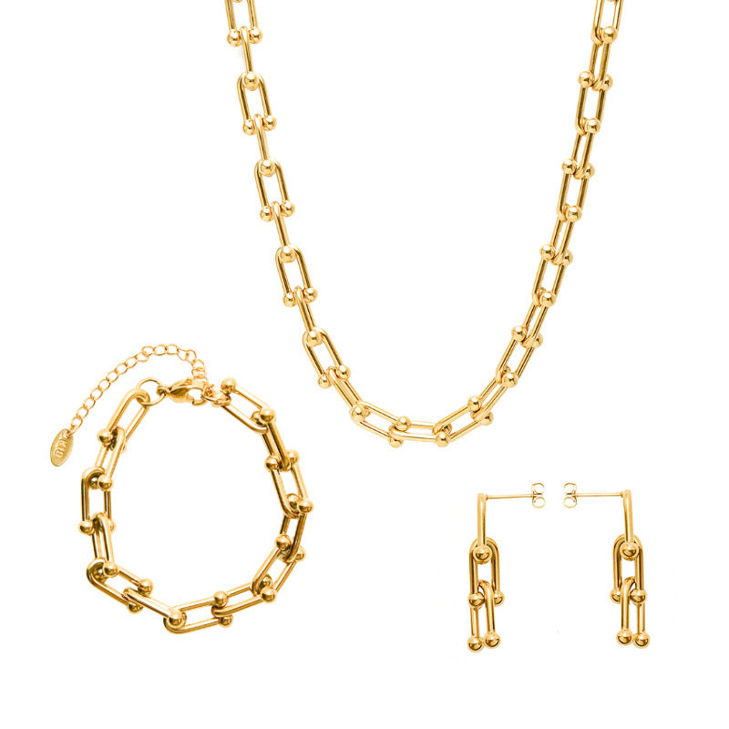 Exaggerated Design Vachette Clasp U-shaped Ear Titanium Steel Gold Jewelry Set